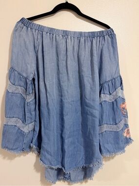 Standard Grace‎ Boho  peasant Chambray Floral Embroidered Lace Blouse Women's S